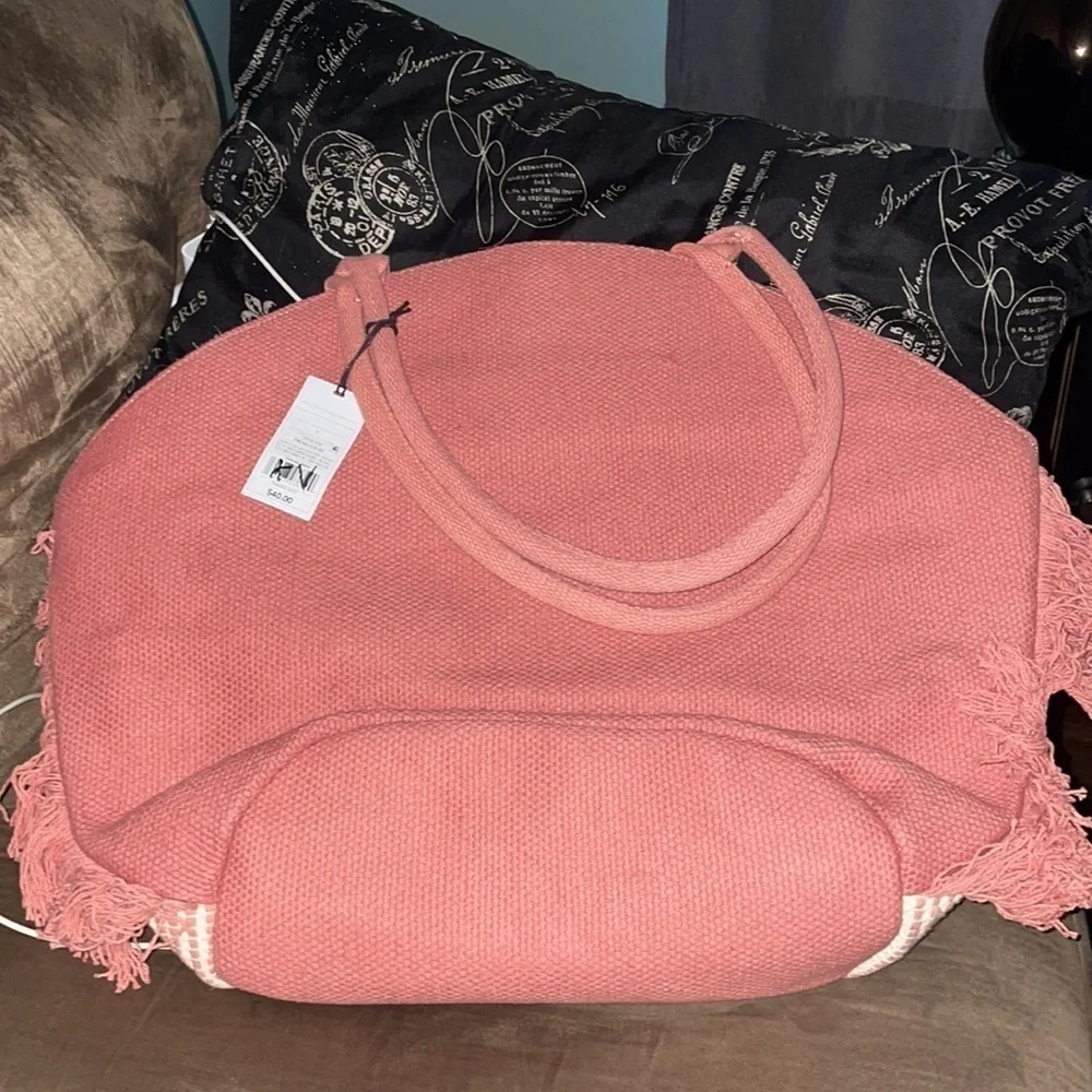 Shade & Shore Pink Straw Fringe Beach Tote Handbag